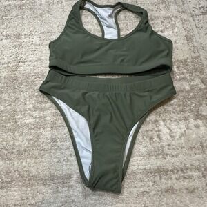 NWOT 2‎ Piece Swimsuit Olive Green Racer Back Top High Waisted Bottoms Medium
